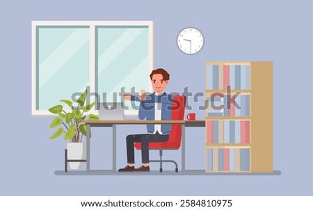 Man wear dark blue jacket, working from home in a cozy office setting character vector illustration design.