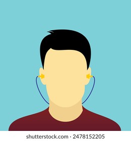 Der Mensch trägt die Ohrstöpsel-Vektorillustration. Persönliche Schutzausrüstung für Lärmschutznormen.