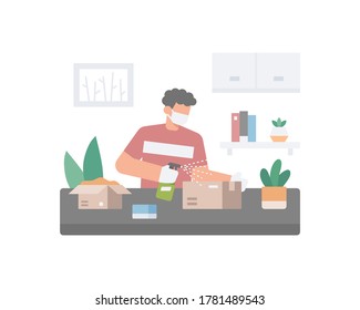 A man wear face mask and cleaning a box or package using disinfectant sprayer illusration vector