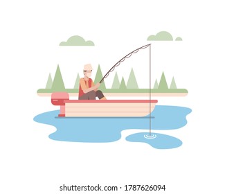 A man wear a face mask and fishing alone at lake using small boat vector illustration