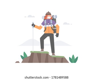 A man wear face mask and hiking to the top of mountain vector illustration and carrying big backpack and holding walking stick