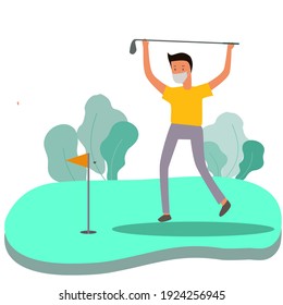 Man wear face mask jumps for joy, successfully hitting a golf hole. Exercise. Outdoor hobby