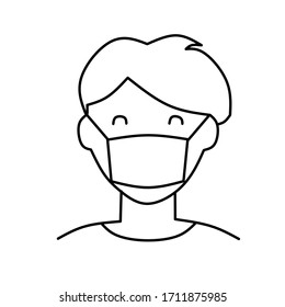 man wear face mask medical vector icon or man person wear protective medical mask isolated symbol, line art, flat illustration - Vector