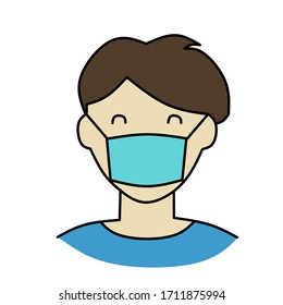 man wear face mask medical vector icon or man person wear protective medical mask isolated symbol, line art, flat illustration - Vector