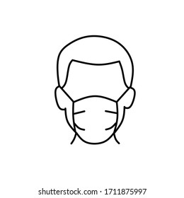 man wear face mask medical vector icon or man person wear protective medical mask isolated symbol, line art, flat illustration - Vector