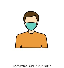 man wear face mask medical vector icon or man person wear protective medical mask isolated symbol, line art, flat illustration - Vector