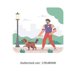 A man wear face mask and take his dog for a walk in the city park illustration vector design