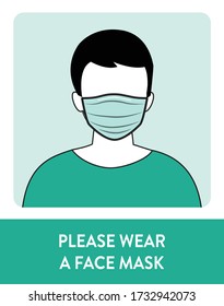 Man wear face mask vector. Vector Wear Face Mask sign. Warning sign recommend wear of protective face mask in prevention vs virus infection in health care. Coronavirus protection mask