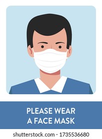 Man wear face mask vector. Vector Wear Face Mask sign. Warning sign recommend wear of protective face mask in prevention vs virus infection in health care. Coronavirus protection mask