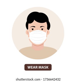 Man wear face mask vector. Vector Wear Face Mask sign. Warning sign recommend wear of protective face mask in prevention vs virus infection in health care. Coronavirus protection mask