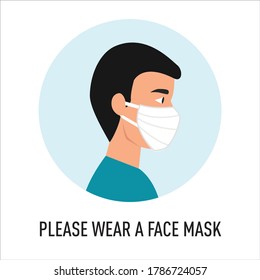 Man wear face mask vector. Vector Wear Face Mask sign. Warning sign recommend wear of protective face mask in prevention vs virus infection in health care. Coronavirus protection mask