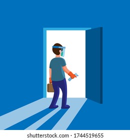 Man Wear Full Protection Mask And Glove Holding Hand Sanitizer Protected From Virus Standing Front Door Ready To Go Outside For New Normal Activity After Pandemic In Cartoon Flat Illustration Vector