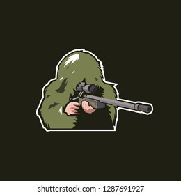man wear ghillie suit and awm sniper logo mascot illustration