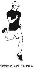 A man wear a hat while running.