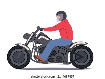 Man Wear Helmet Driving Cool Motor Bike, Biker Male Character Riding Motorcycle or Scooter Isolated on White Background. Modern City Transport, Motorcyclist Rider. Cartoon People Vector Illustration