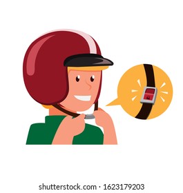 man wear helmet with safety belt, instruction safety riding motorcycle cartoon flat illustration vector