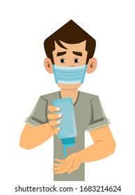 man wear mask and clean his hand with hand sanitizer