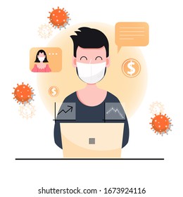 Man wear mask fight covid-19 work from home. Teleconference. Digital transformation. Corona virus outbreak pandemic. flat character Abstract people. Health and medical. Flat design Vector illustratio