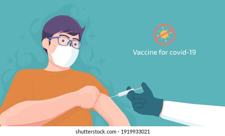 Man wear mask with glasses , syringe in hand vaccination in the arm and stop corona virus , Epidemic prevention and treatment concepts vector illustration flat design.