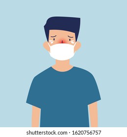Man wear mask protect of air pollution PM2.5 (Particulate Matter 2.5) with nose and eyes irritration.