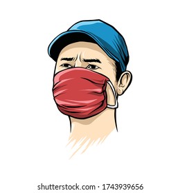 Man wear masker illustration vector. Illustration of a man protecting him self against a virus by using a masker.