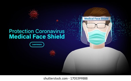 Man wear medical face shield and mask. Pandemic flu outbreak coronavirus or covid-19 protection concept. Vector illustration design.