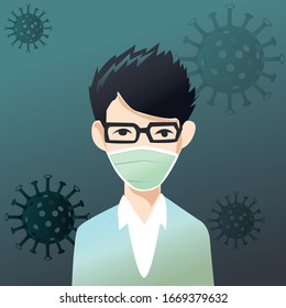 man wear medical mask , People who are in anxiety and fear because of the corona virus. Wuhan corona virus illustration. Wuhan pneumonia illustration.