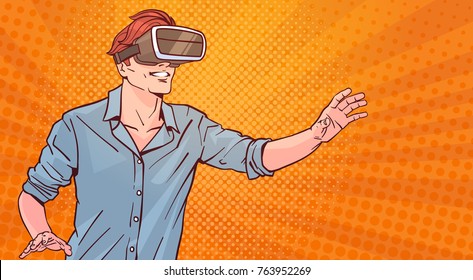 Man Wear Modern 3d Glasses Virtual Reality Concept Pop Art Style Background Vector Illustration