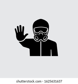 Man wear protection mask with outstretched hand showing stop gesture warning vector icon