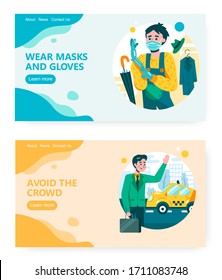 El hombre usa máscara protectora y guantes antes de salir. Empresarios toman taxi para evitar la multitud. Ilustración conceptual de Coronavirus. Plantilla de diseño de sitios web vectores. Ilustración del sitio web de la página de inicio.