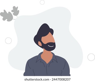 man Wear Relaxed Smiles, Radiating A Tranquil Joy. Facial Expressions Exude A Sense Of Calm.flat vector illustration.