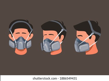 Man wear respirator safety mask for dust or chemical pollution in side and front angle icon set concept in cartoon illustration vector