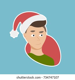 Man Wear Santa Hat Sticker Social Media Network New Year And Christmas Holiday Message Badges Design Vector Illustration