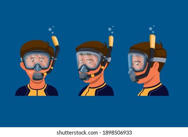 Man Wear Snorkle Mask For Scuba Diving Snorkeling Activity Symbol Set Concept In Cartoon Illustration Vector