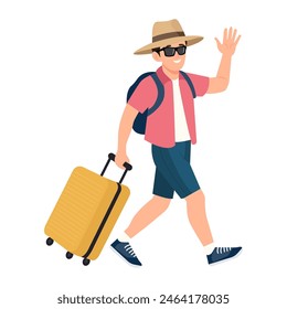 Man wear in summer hat and sunglasses pulling suitcase and waving hand go for travelling on summer vacation. Trip, summer vacation, recreation or tourism concept. Flat vector illustration.