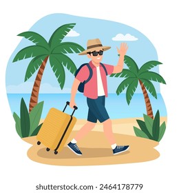 Männer tragen im Sommer Hut und Sonnenbrille ziehen Koffer und winkende Hand gehen für Reisen in den Sommerferien. Ausflugs-, Sommerurlaubs-, Freizeit- oder Tourismuskonzept. Flache Vektorillustration.