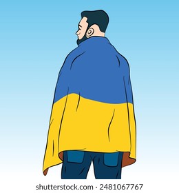 Mann trägt ukrainische Fahne, Support Ukraine