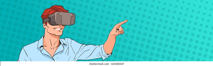 Man Wear Virtual Reality Digital Glasses Pop Art Colorful Retro Style Vector Illustration