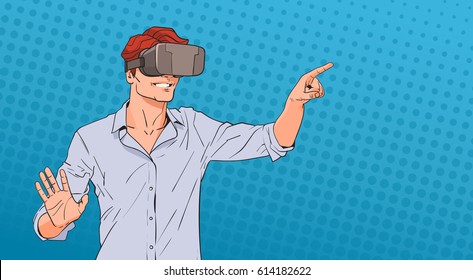 Man Wear Virtual Reality Digital Glasses Pop Art Colorful Retro Style Vector Illustration