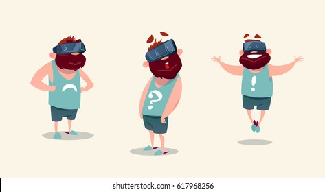 Man Wear Virtual Reality Digital Glasses Feeling Different Emotions Flat Vector Illustration