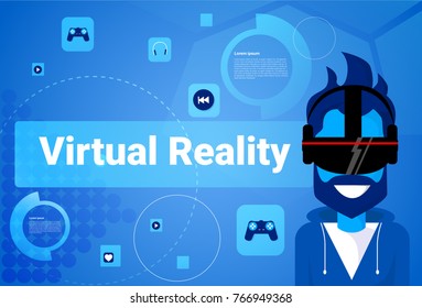 Man Wear Virtual Reality Glasses Modern Vr Goggles Gaming Technology Concept Vector Illustration