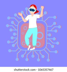 Man Wear Vr Glasses Over Circuit Background Modern Virtual Reality Technology Concept