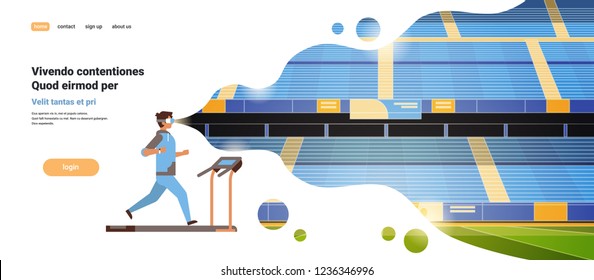 man wear vr glasses running on treadmill virtual reality stadium track vision headset innovation concept flat horizontal copy space