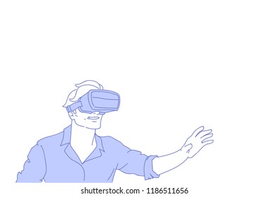Man wear vr modern 3d glasses playing virtual reality games concept sketch doodle horizontal male portrait vector Illustration