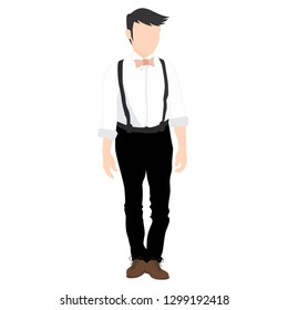 Man wear white long sleeve shirt, black trousers, bow tie and black suspenders