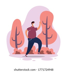man wearign medical mask running in park scene vector illustration design