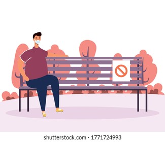 man wearign medical mask seated in park chair scene vector illustration design