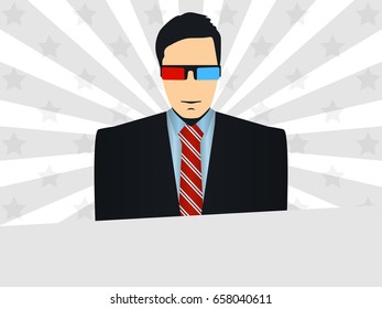 Man wearing 3D glasses. Background with rays and stars. Vector illustration
