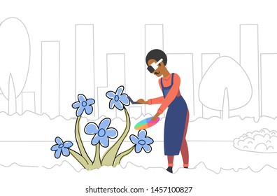 man wearing 3d glasses holding controller painter with color palette drawing flower experiencing virtual reality through headset augmented technology concept sketch doodle horizontal full length