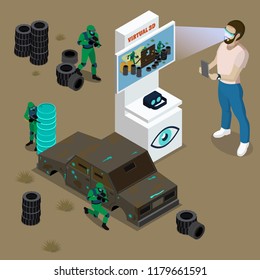 Man wearing 3d glasses and playing virtual game machine isometric vector illustration